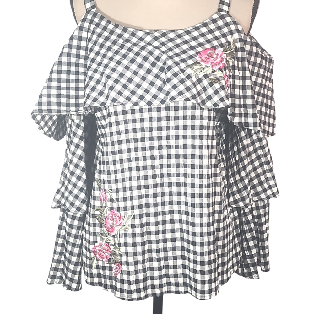 International Concepts Black and White Checkered Top with Floral Embroidery